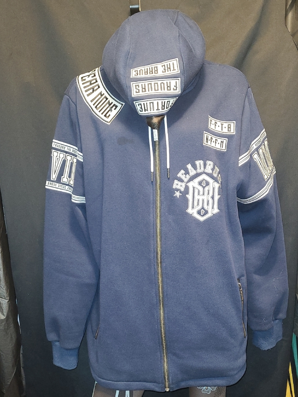 Headrush navy blue full-zip hoodie with white graphic patches SIZE 2XL